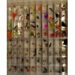 Two boxes of ex shop display fishing flies, wet flies and hoppers. Approximately 165 in total. In