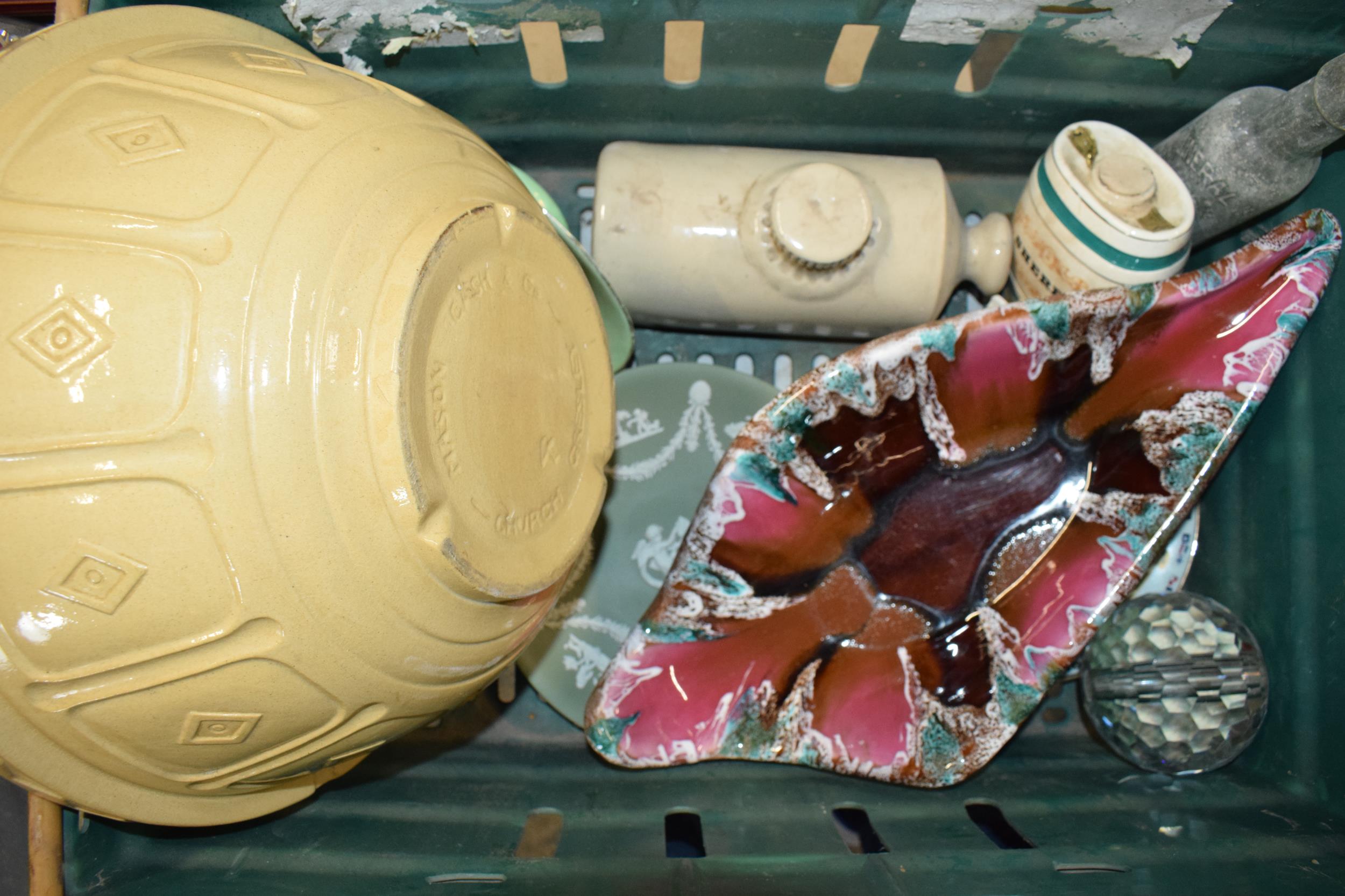 Mixed items to include large Church Gresley mixing bowl, stoneware foot warmer, Wedgwood green