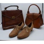 A pair of vintage leather Skerry shoes together with two vintage leather handbags. Height of tallest