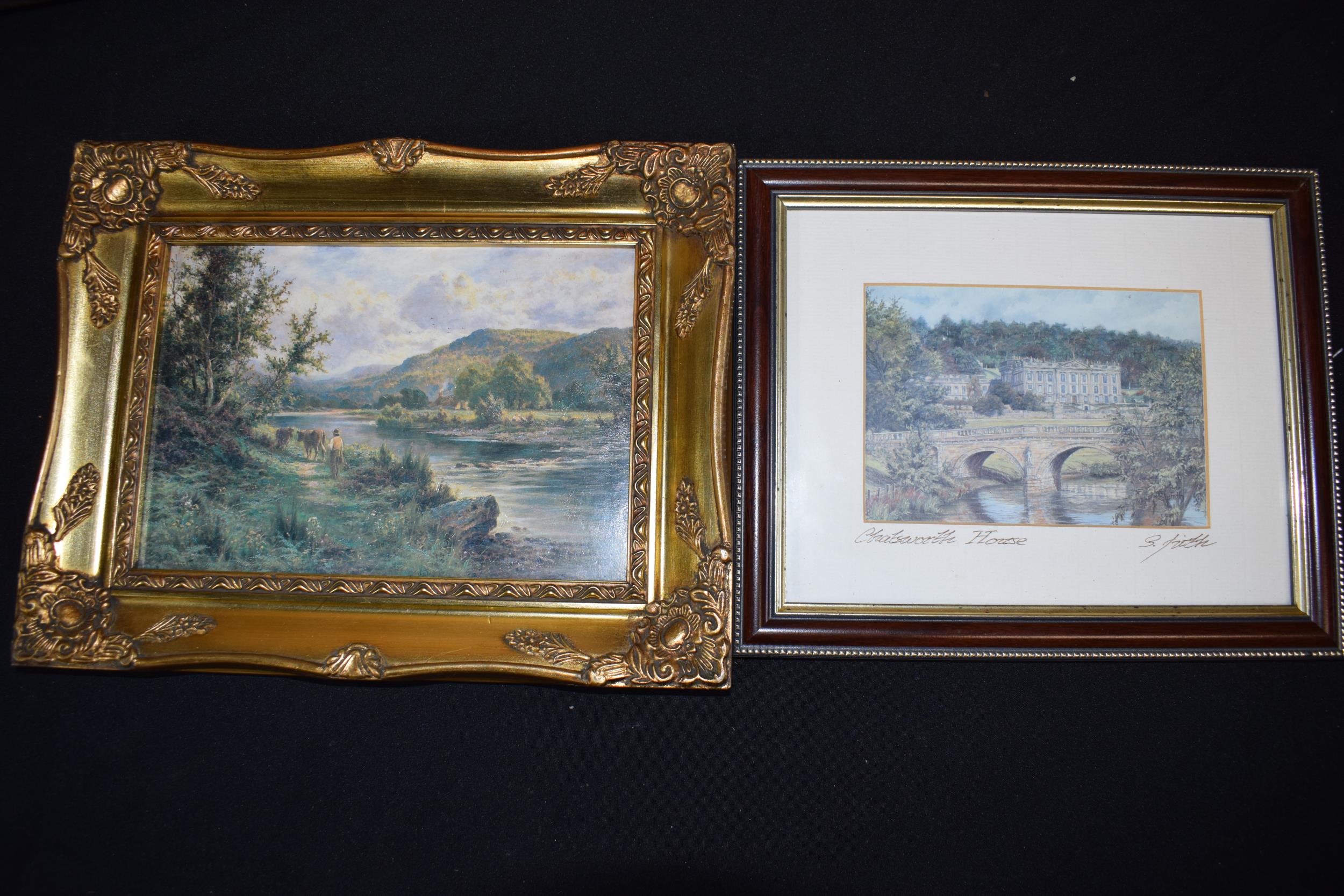 Framed print of Chatsworth House together with a mountainous cattle print after Henry Parker (2),