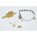 A trio of 9ct gold earrings, 0.7 grams, together with silver bracelet and gold on silver necklace,