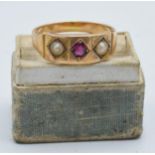 Antique yellow metal (tests as 18ct gold) ladies ring set with seed pearls and amethyst, 2.0