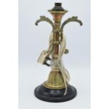 Early 20th century heavy cast brass and metal lamp base mounted onto heavy metal base, 34cm tall,