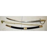Indian brass handled sword in velvet sheaf, 97cm tall.