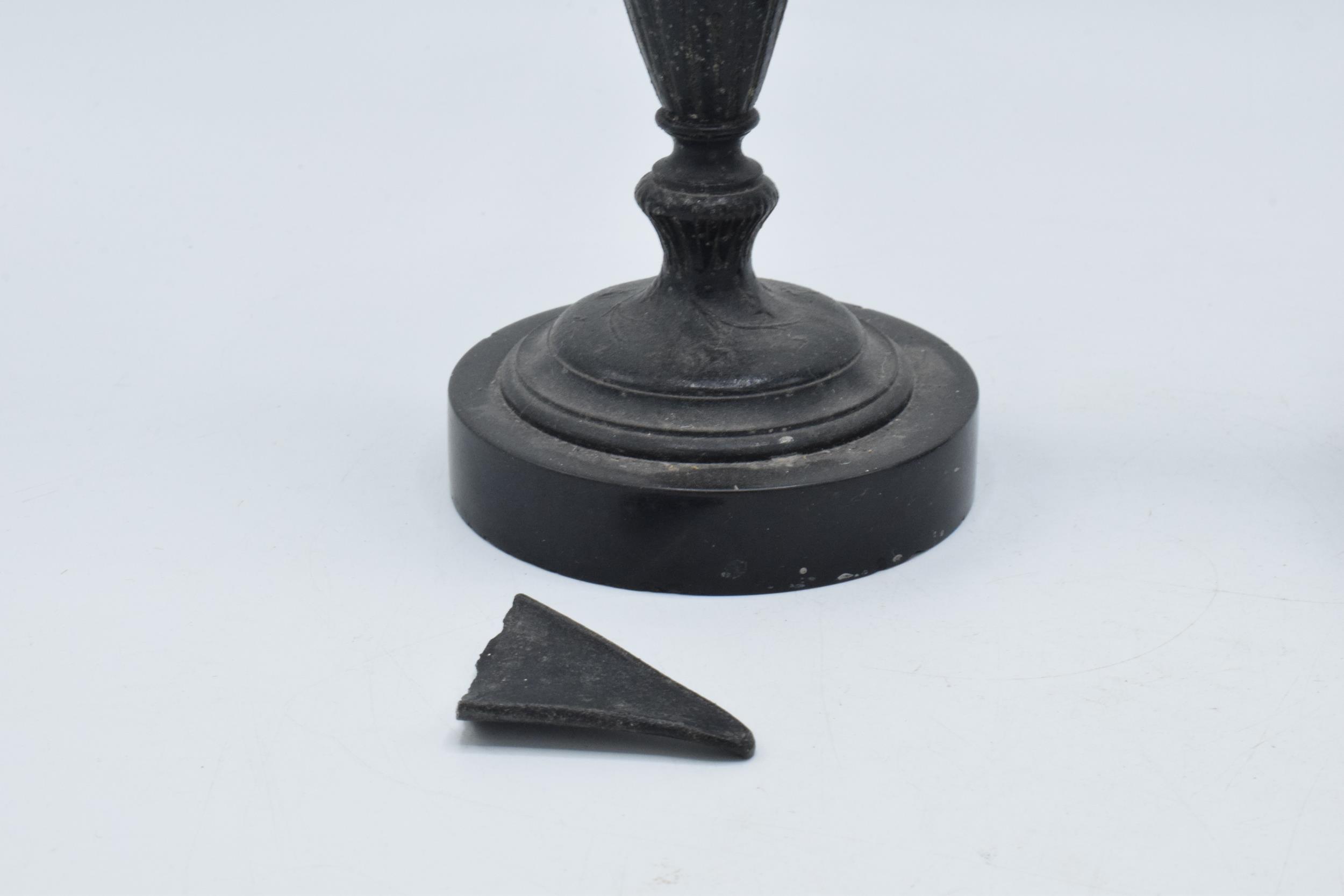 A pair of attractive spelter vases with figural handles on slate bases, damage to spout (2), 31cm - Image 4 of 5