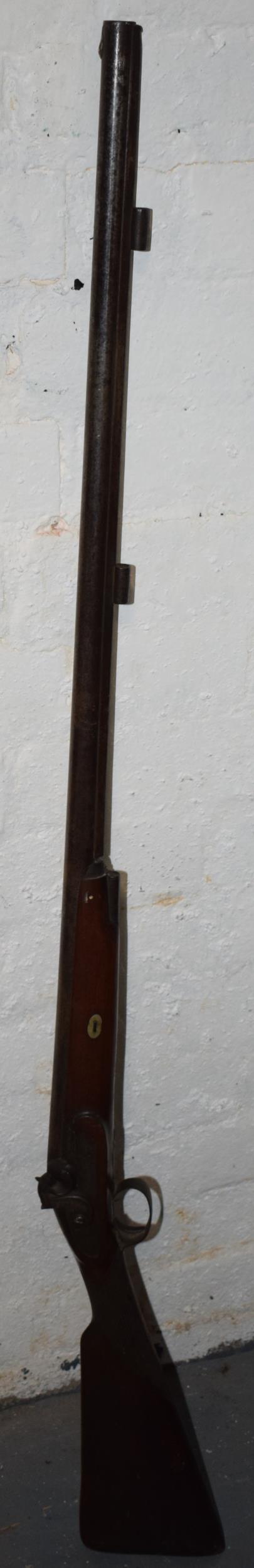 Heylen's of Cornhill London musket with wooden stock, 87cm long barrel, 129cm long, marked 'Cornhill