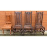 A trio of 19th century Jacobean style dark oak high backed chairs, 116cm tall, together with a
