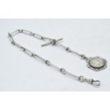 Unusual hallmarked silver Albert chain with T-bar and fob, 52.4 grams, 43cm long.