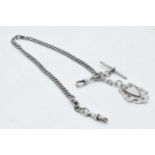 Hallmarked silver Albert chain with T-bar and fob, 43.1 grams, 37cm long.