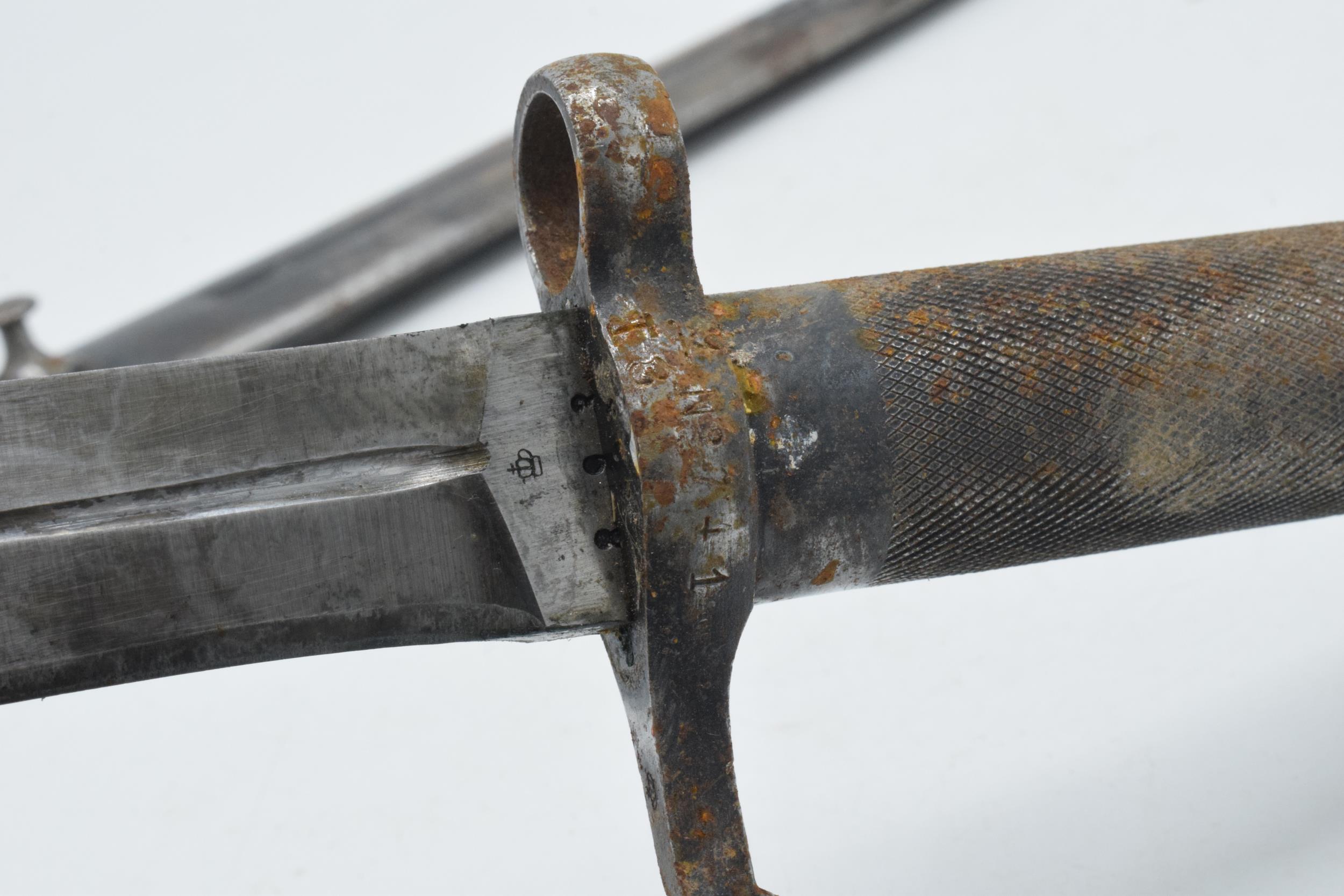 Unusual early 20th century steel bayonet / dagger with metal scabbard and screw tightener / - Image 6 of 7