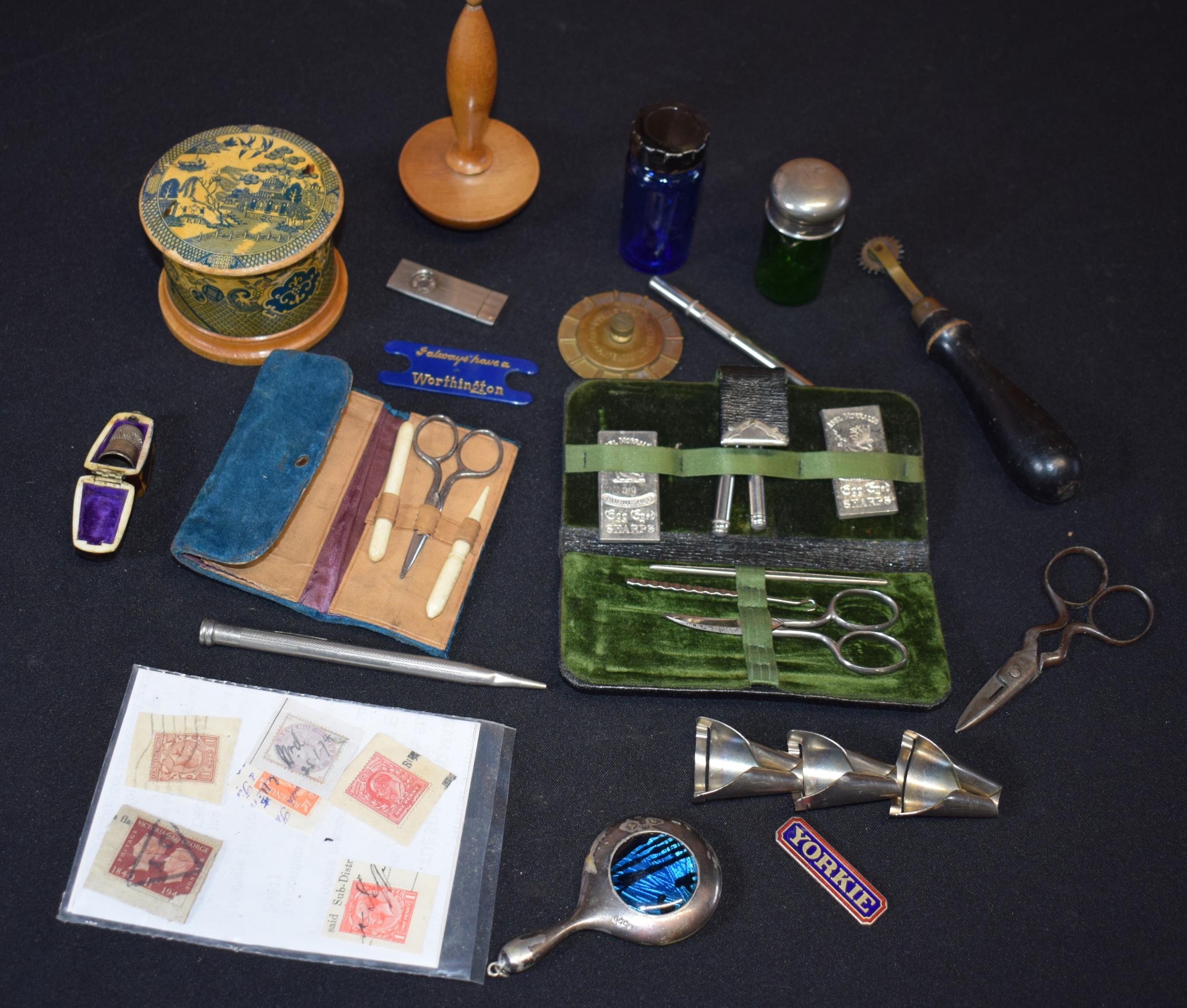 Mixed items to include a silver Charles Horner thimble in case, sewing equipment, treen, coloured
