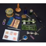 Mixed items to include a silver Charles Horner thimble in case, sewing equipment, treen, coloured