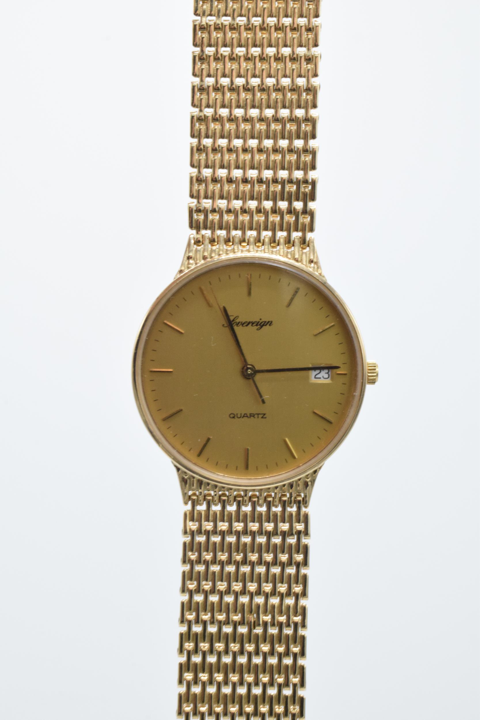 9ct gold gentleman's 'Sovereign' wristwatch on 9ct gold strap, 33mm, with date, Quartz movement,
