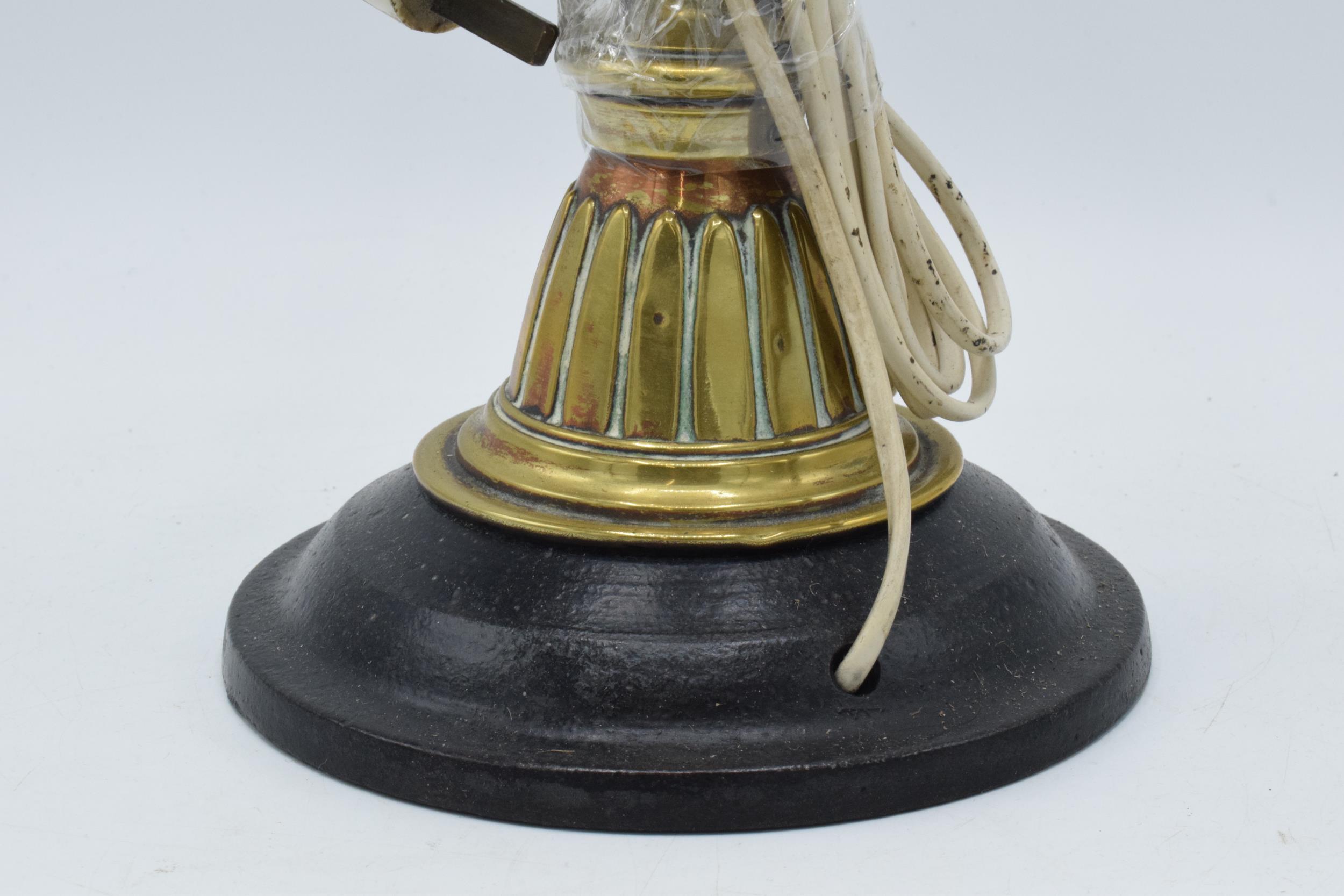 Early 20th century heavy cast brass and metal lamp base mounted onto heavy metal base, 34cm tall, - Image 4 of 4