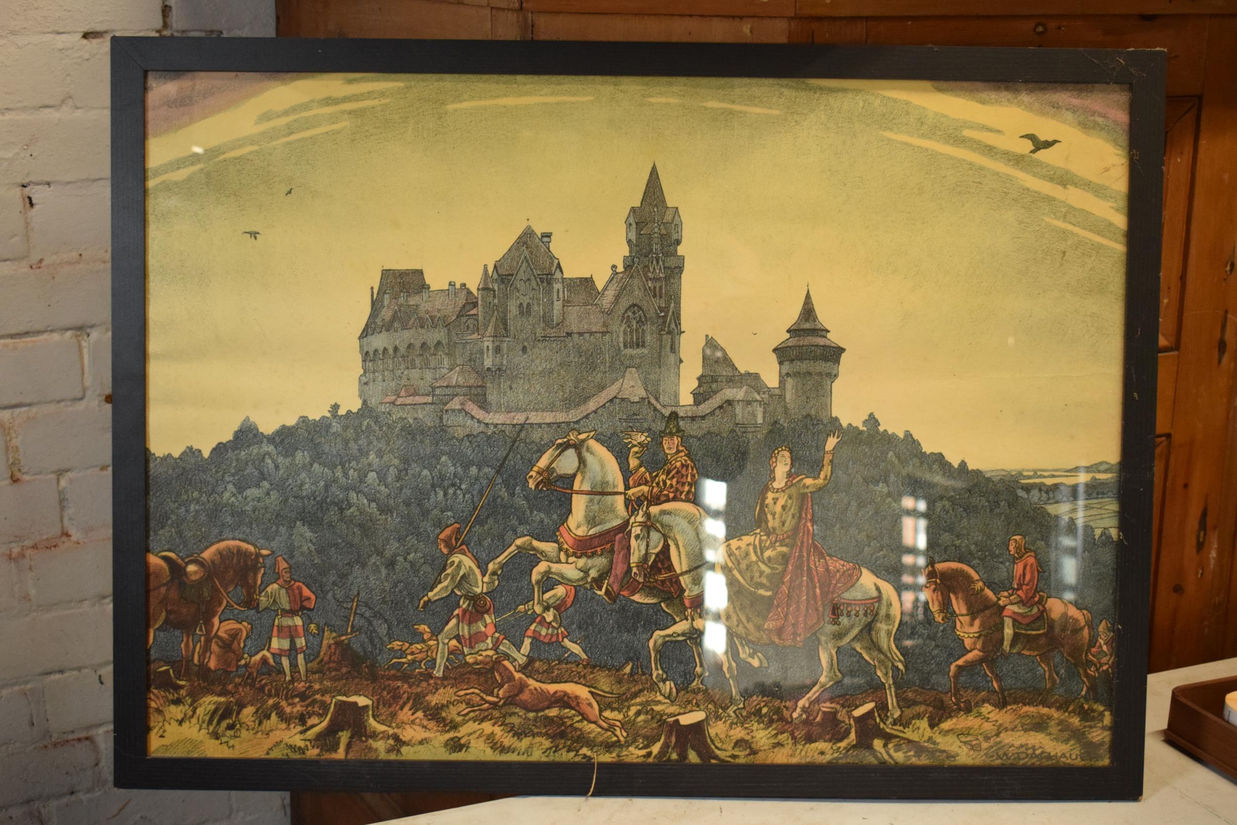 Framed print in the form of crusaders / knights with a castle in the background above a forest (in