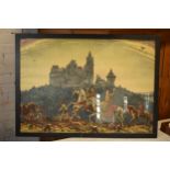 Framed print in the form of crusaders / knights with a castle in the background above a forest (in