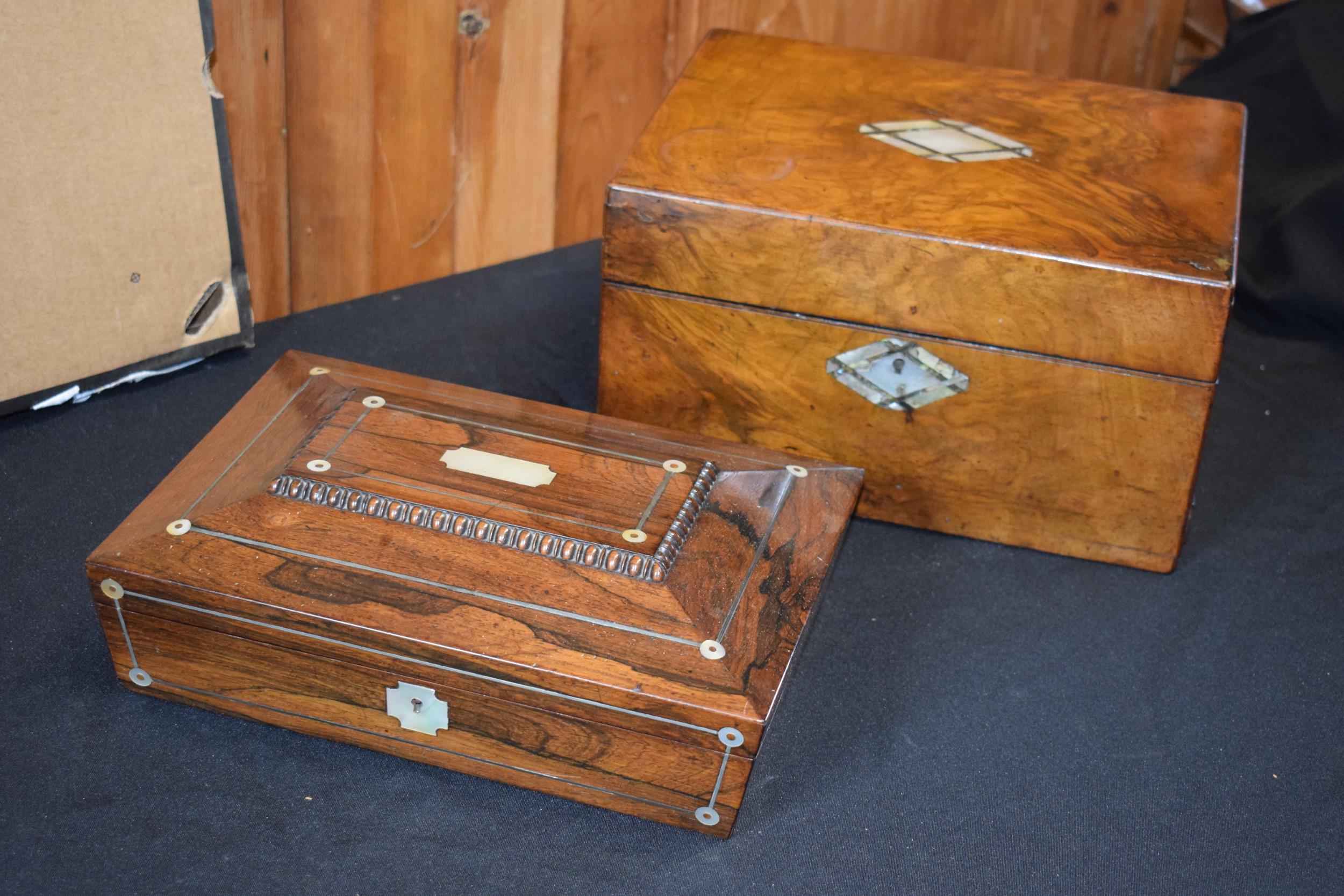 19th century writing slope complete with 2 glass containers with metal lids with Mother of Pearl