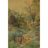 Watercolour painting of a woman with child in a rural setting. Signed Henry Hadfield Cubley. 48cm
