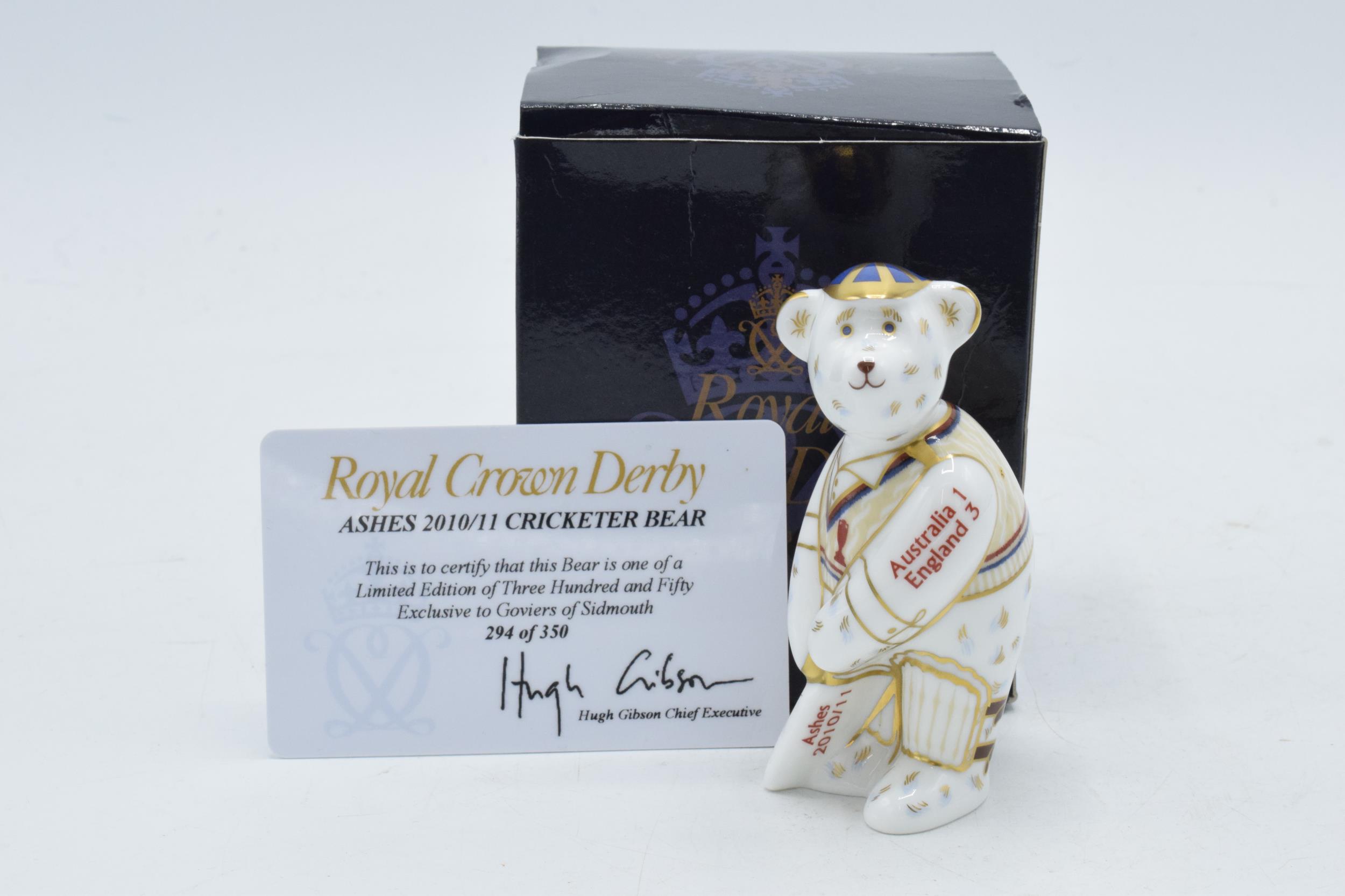 Boxed Royal Crown Derby miniature bear paperweight, Ashes 2010/11 Cricketer, 9cm high, this is