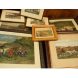 A collection of hunting themed prints of varying scenes and sizes, with a later 'Birds of a Feather'