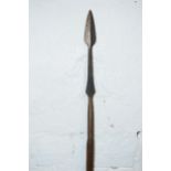 19th century wooden and barbed iron African fishing spear, 108cm long.