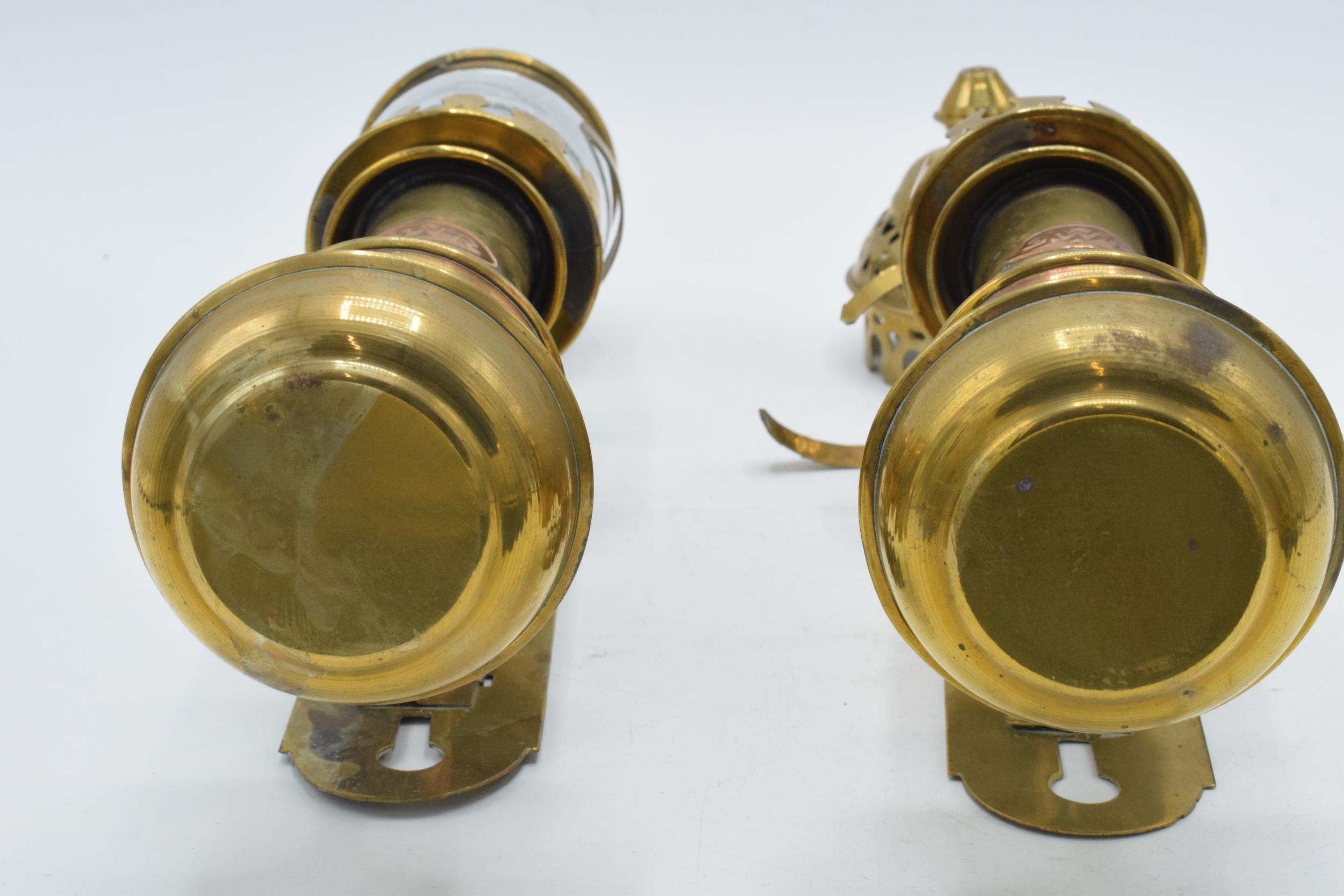 A pair of brass and copper 'GWR' candle sconces, one with glass shade, 32cm tall. - Image 3 of 7