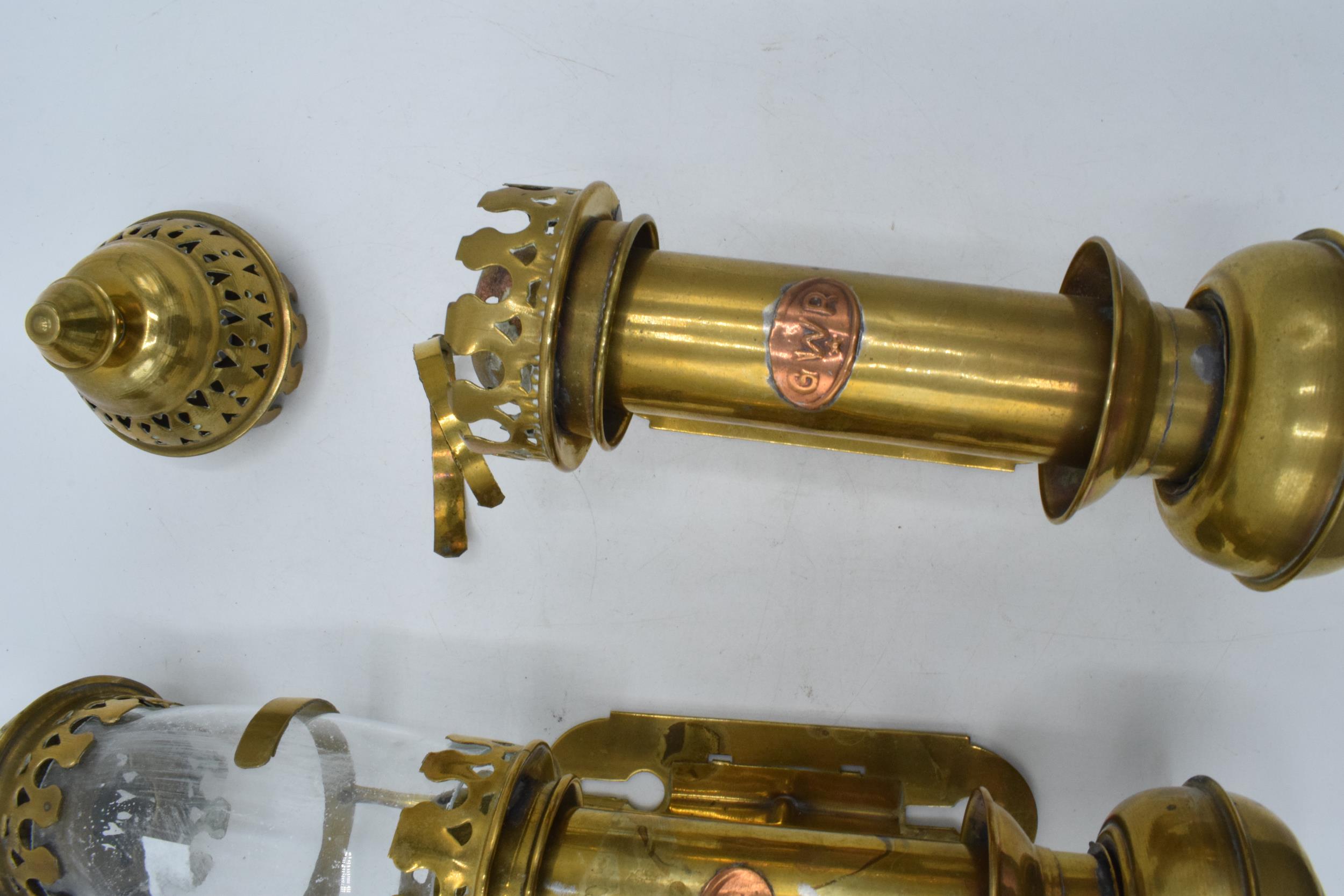 A pair of brass and copper 'GWR' candle sconces, one with glass shade, 32cm tall. - Image 4 of 7