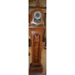 Mid 20th century French style mantel clock on inlaid pedestal stand with ormolu mounts throughout,