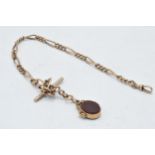 9ct rose gold Albert watch chain with links and agate and bloodstone swivel fob, 39.0 grams, 35cm