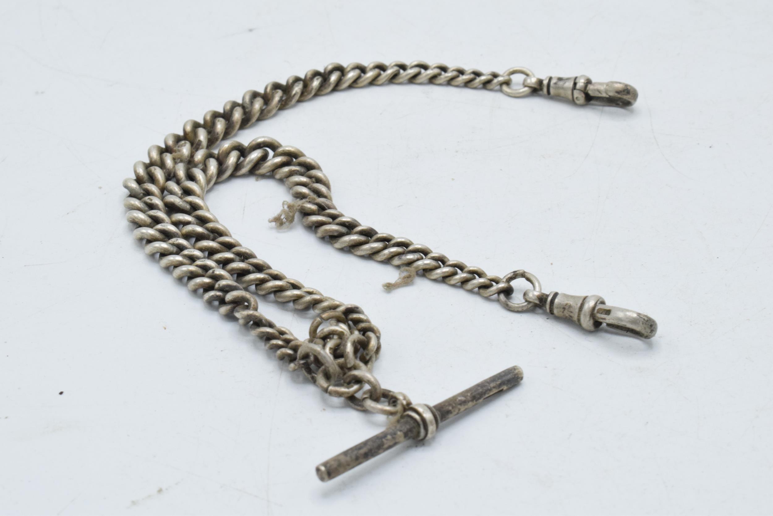 Hallmarked silver double Albert watch chain, 48.8 grams, 37cm long.