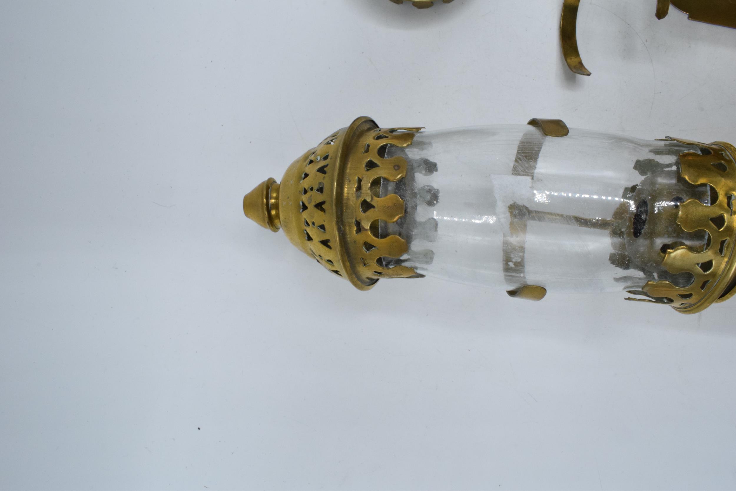 A pair of brass and copper 'GWR' candle sconces, one with glass shade, 32cm tall. - Image 6 of 7