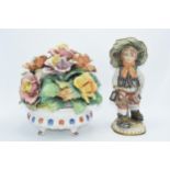 Unusual Capo Di Monte flower bowl with similar unmarked figure of a boy, 28cm tallest (2).