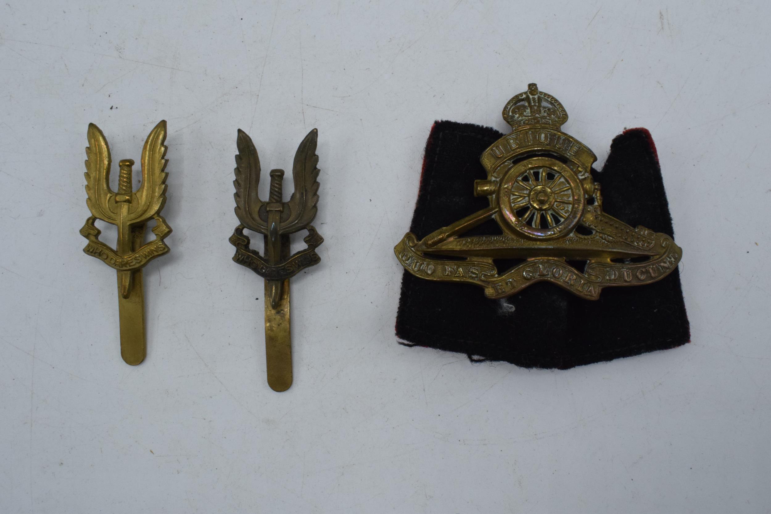 A Staffordshire regiment military cap. Two SAS regiment cap badges and a Royal Artillery Cap - Image 2 of 4