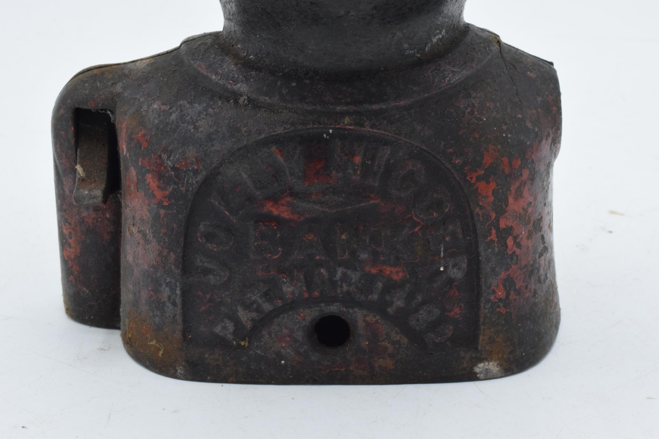 Cast metal jolly man money box with marks to ear, missing arm, 21cm tall. - Image 3 of 4