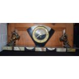 1930s French Art Deco mantle clock with rearing dear garnitures, 68cm long, collection only.