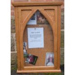 20th century oak wall hanging display cabinet with glazed arched door, 61 x 15 x 92cm tall.