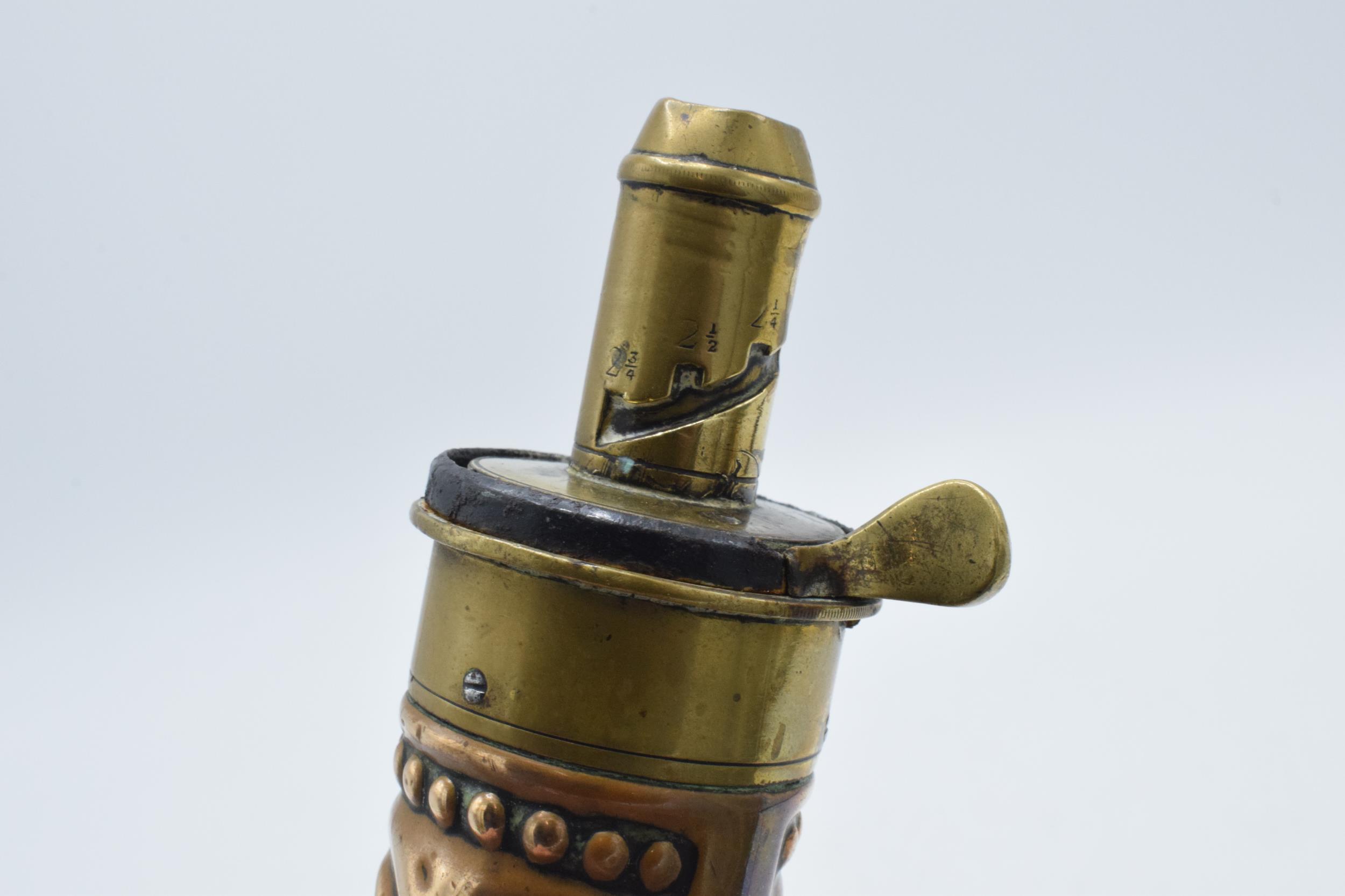 19th century copper and brass powder flask with repousse decoration by James Dixon & Sons Sheffield, - Image 5 of 6