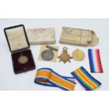 Local Militaria Interest: a trio of World War One medals to include silver 1914-1918, 1914-1915 Star