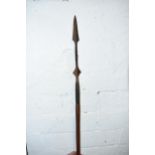 19th century wooden and barbed iron African fishing spear, 105cm long.