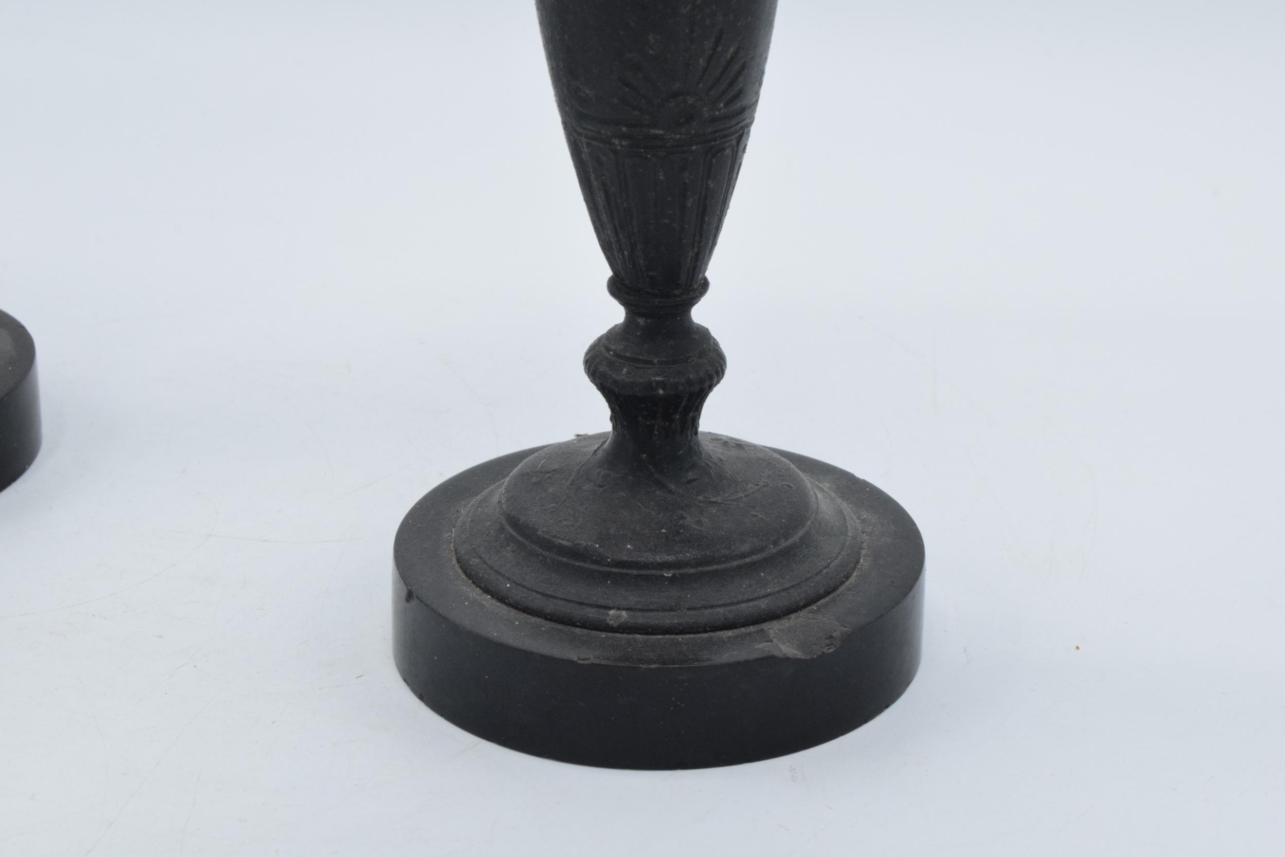 A pair of attractive spelter vases with figural handles on slate bases, damage to spout (2), 31cm - Image 5 of 5