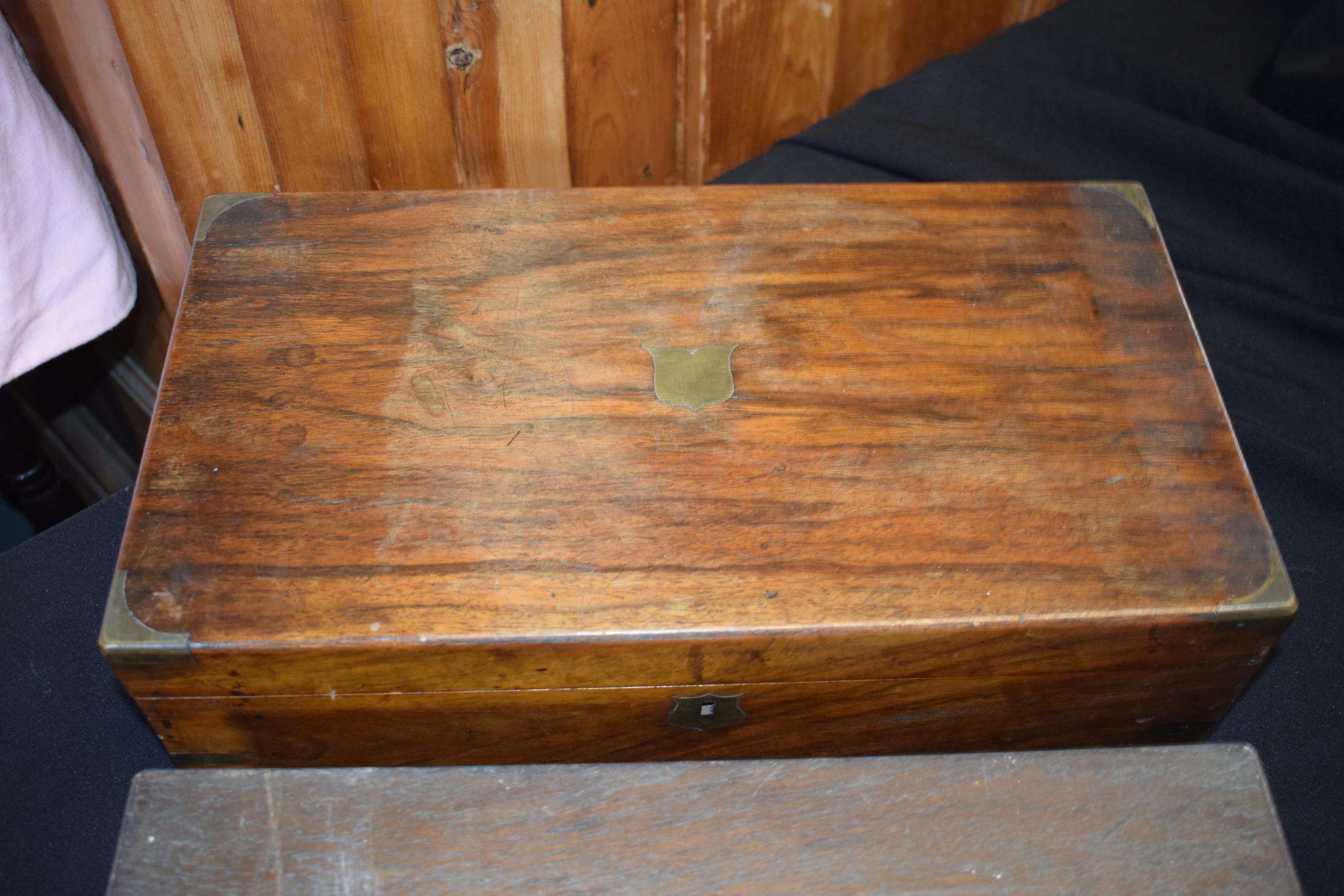 19th century wooden writing slope with brass escutcheon together with wooden empty cutlery box - Image 2 of 4