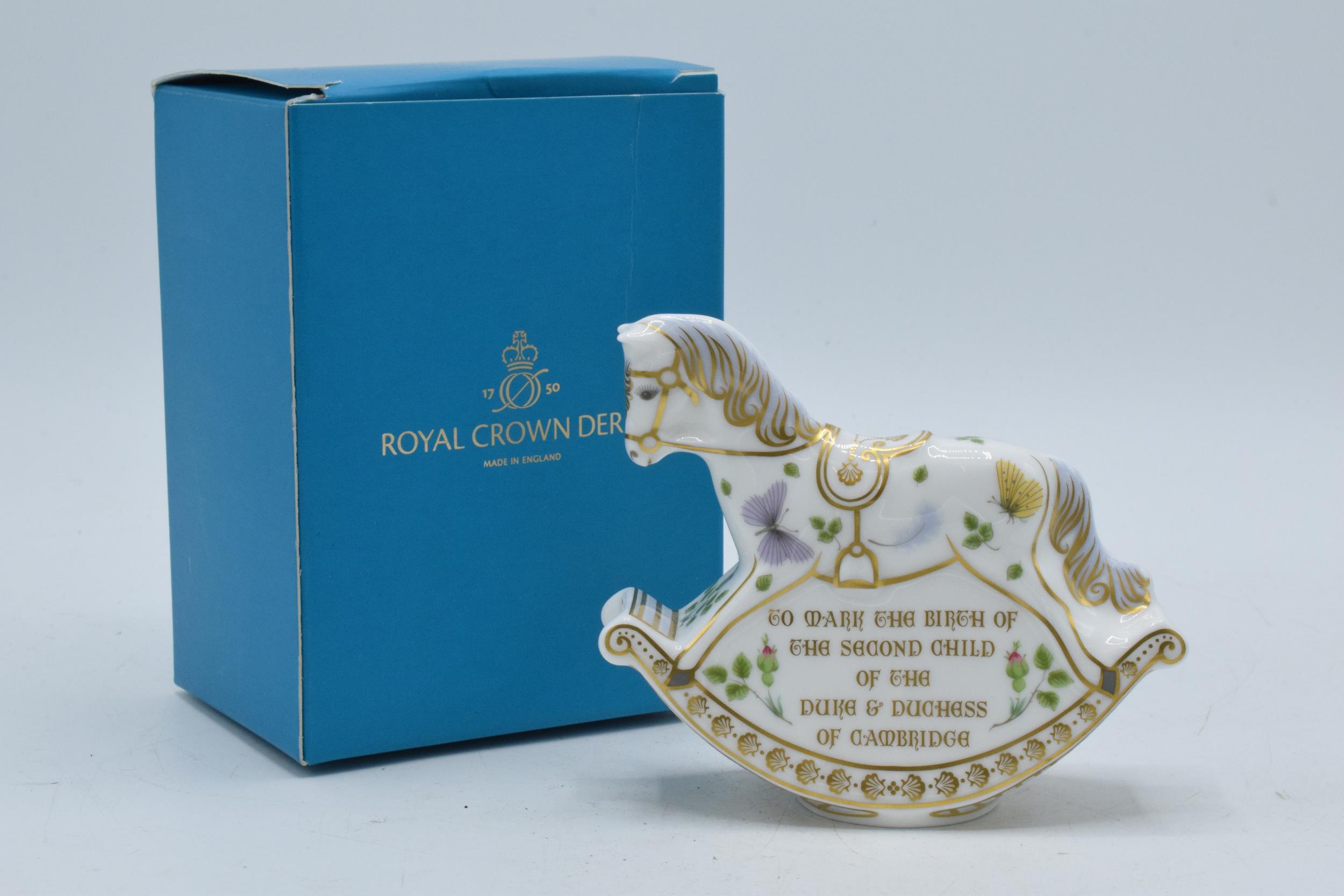 Boxed Royal Crown Derby miniature paperweight, Royal Baby Rocking Horse, 10cm high, this is number