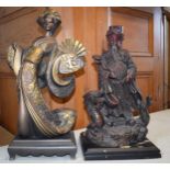 A large bronze-effect resin figure of a Geisha girl holding a fan, made by Austin, on wooden base,
