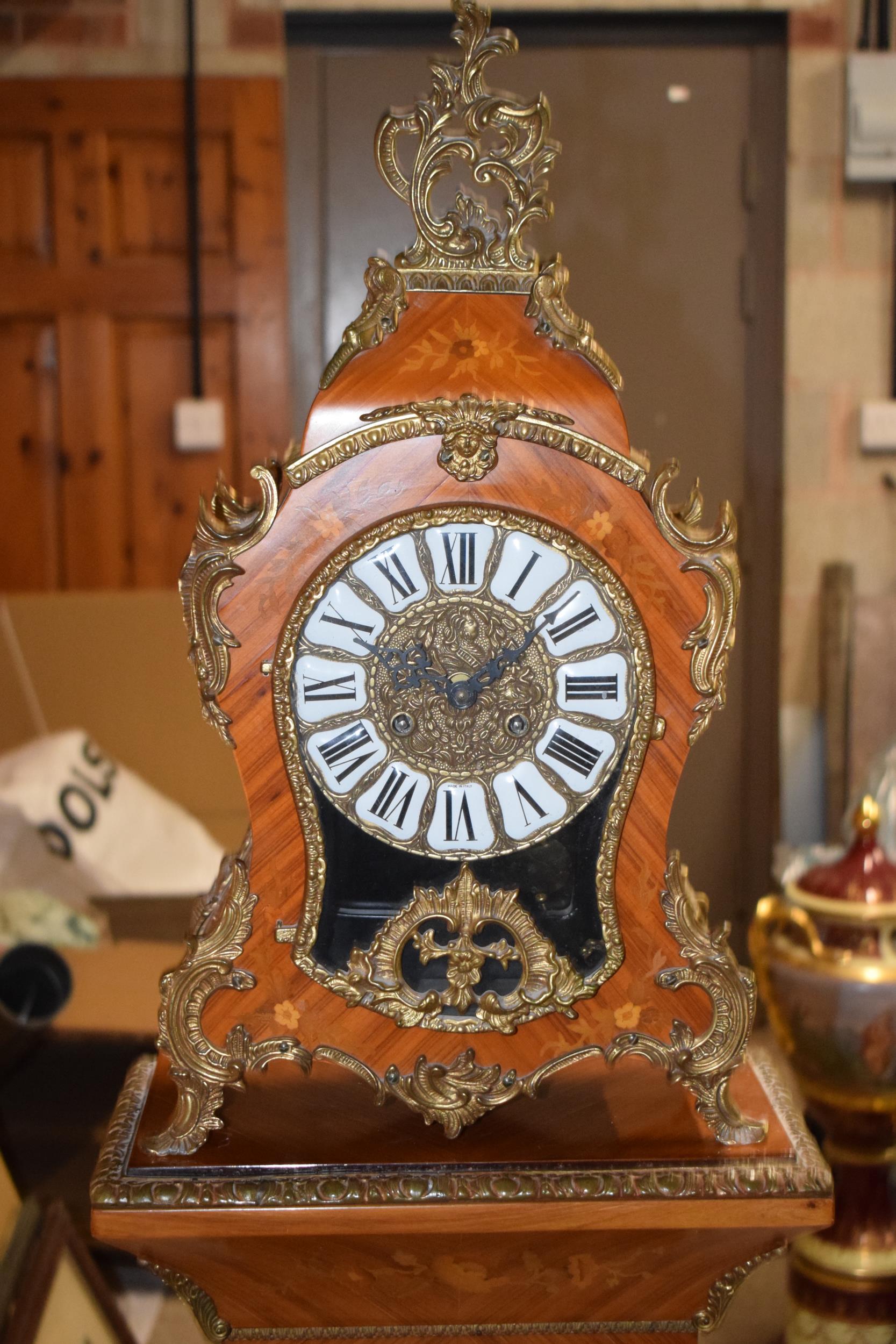 Mid 20th century French style mantel clock on inlaid pedestal stand with ormolu mounts throughout, - Image 2 of 13