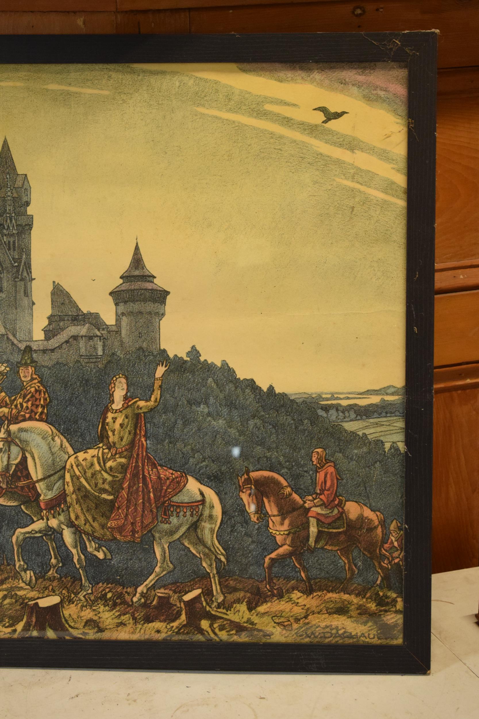 Framed print in the form of crusaders / knights with a castle in the background above a forest (in - Image 3 of 10