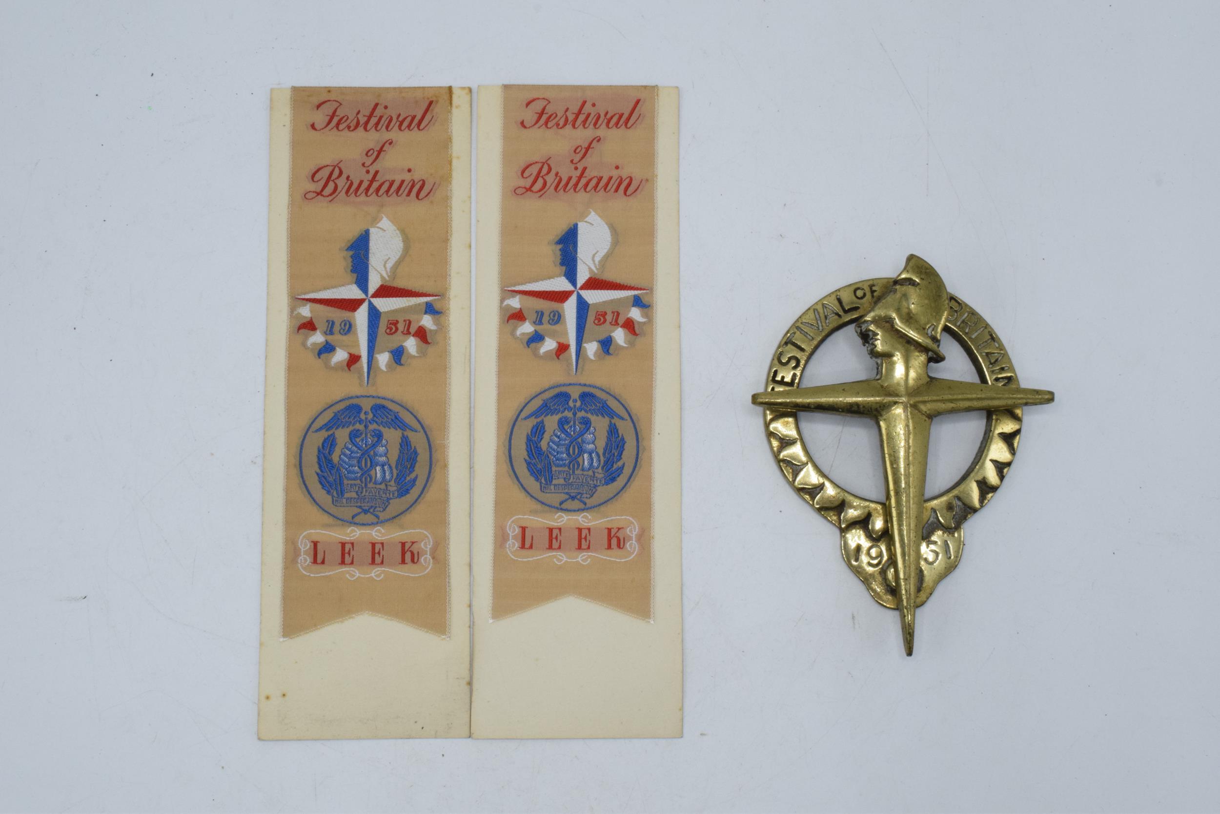 A pair of 1951 Festival of Britain 'Leek' silk bookmarks together with similar brass door knocker (