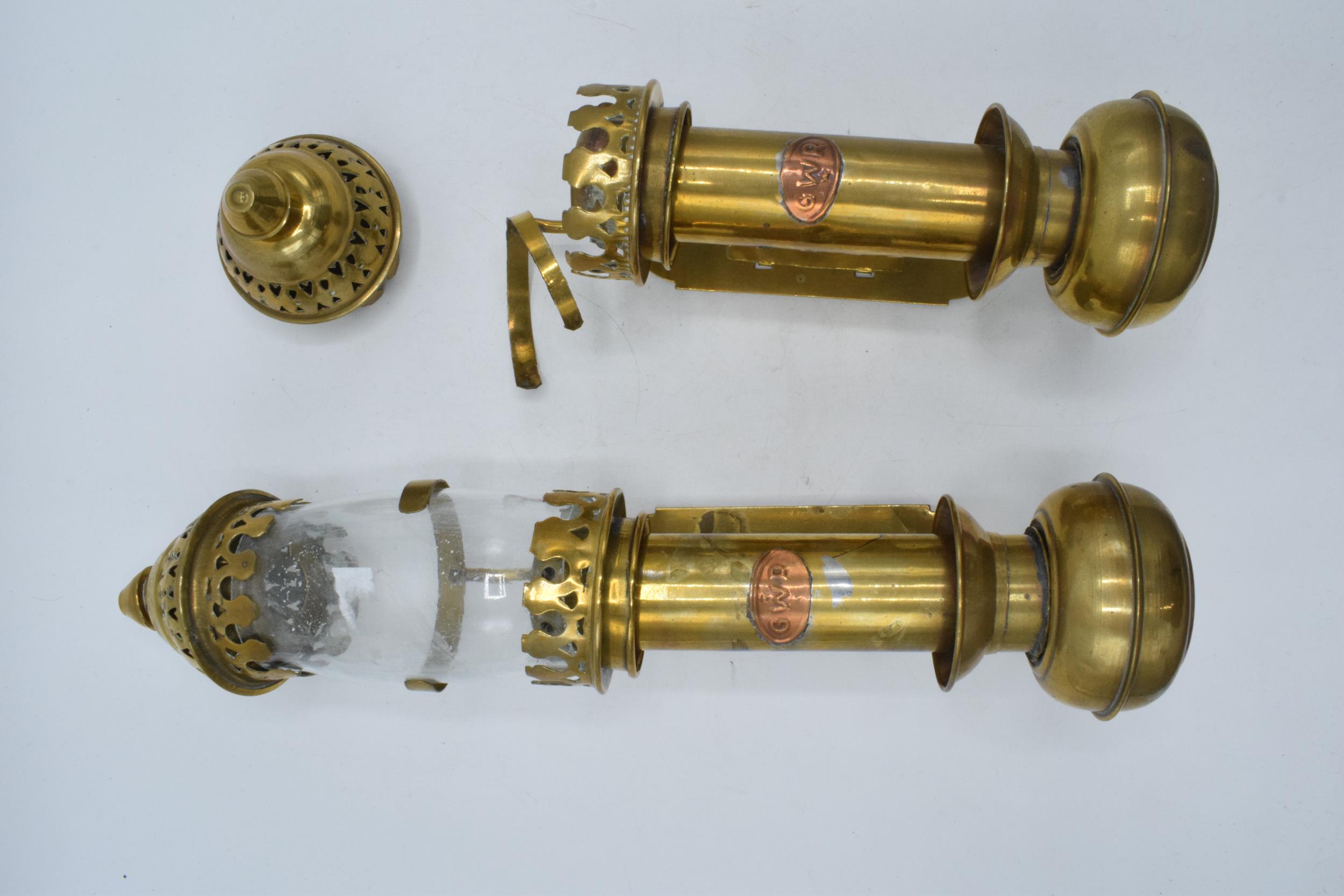 A pair of brass and copper 'GWR' candle sconces, one with glass shade, 32cm tall. - Image 2 of 7