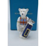 Boxed Royal Crown Derby miniature bear paperweight, Ryder Cup 2014 Bear, 9cm high, commissioned by