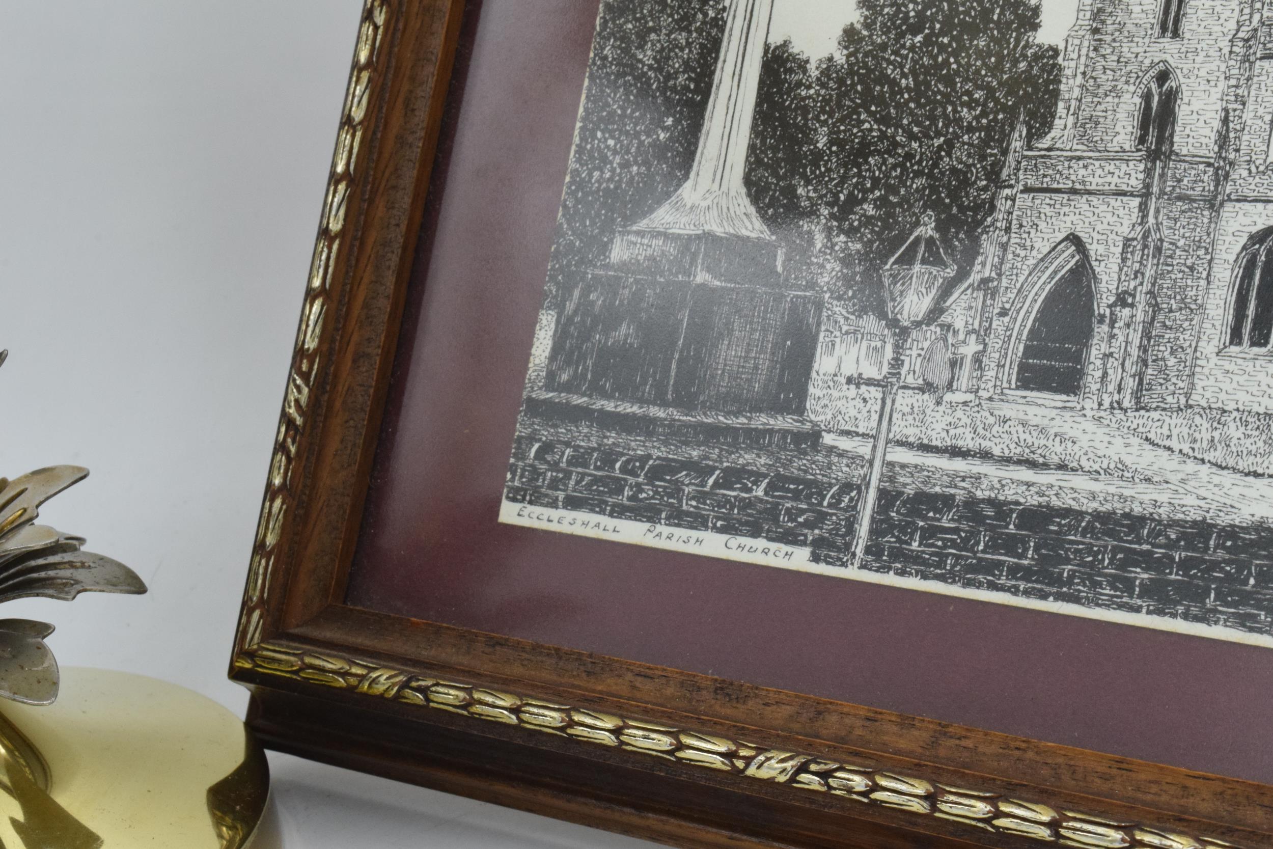 A framed and glazed picture of Eccleshall Parish Church together with a modern ornate lamp base (2), - Image 4 of 4
