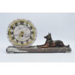 French 1930s marble Art Deco mantle clock with Alsatian figure, 40cm long, collection only.